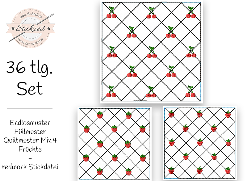 Endlosmuster Füllmuster Quiltmuster Mix 4 Früchte - redwork Stickdatei